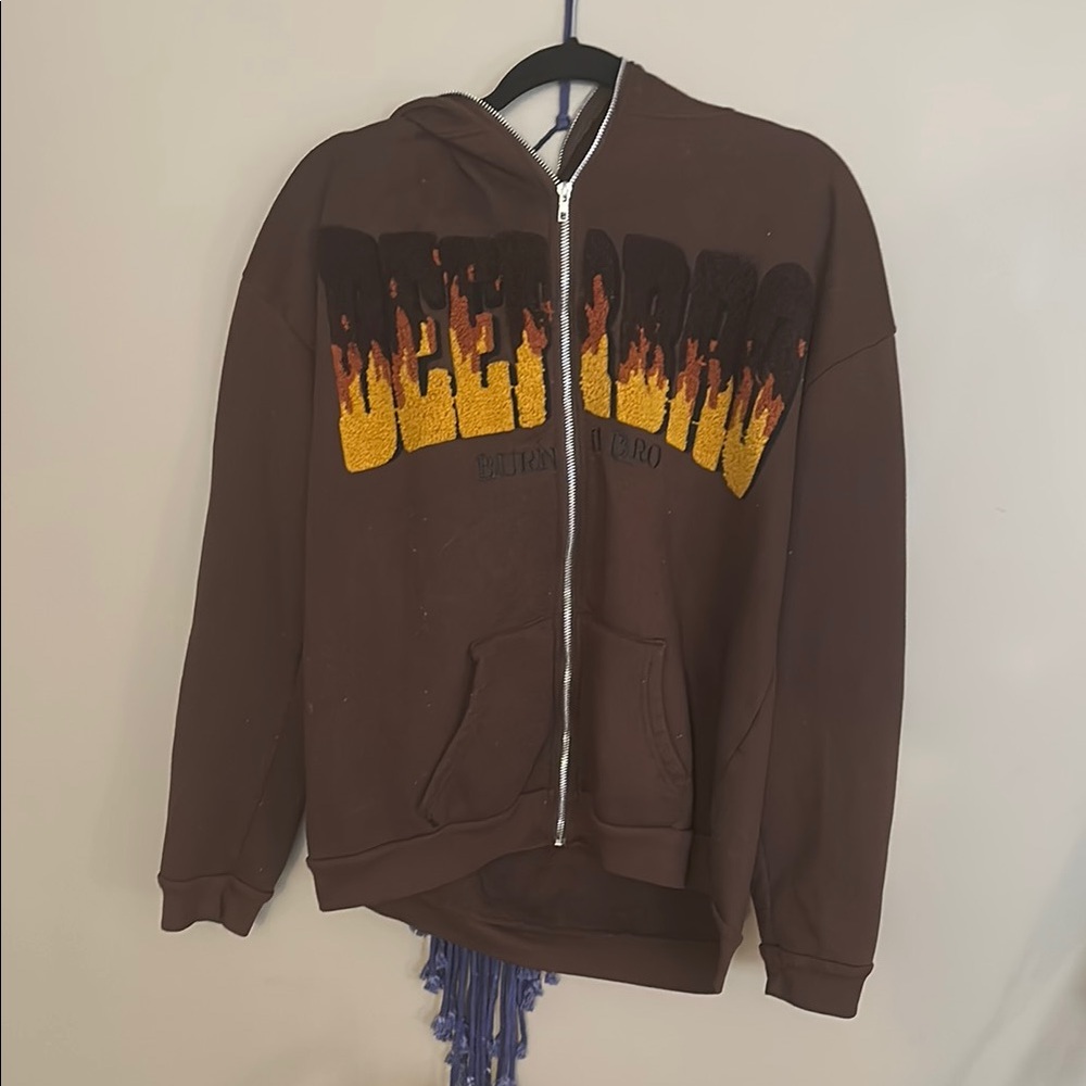 Brown Hoodie with Flame Graphic